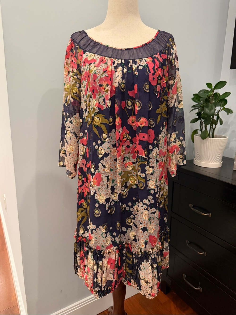 Rebecca Taylor Navy Floral Midi Dress with Coral and Cream Blooms